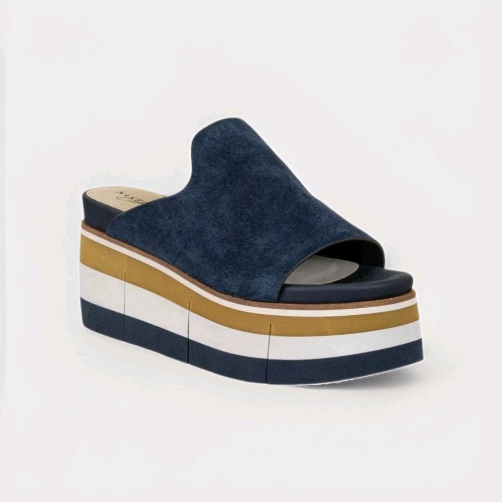 Naked Feet Flow Platform Slide Sandals Women Size 7 M Navy Blue Suede Striped
